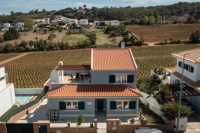 A moradia rodeada de vinhas, com vista para a Serra da Arrábida